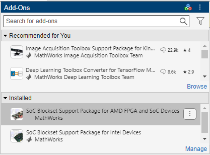 Add-Ons panel with a search box, a Recommended for You section with several recommended add-ons, and an Installed section with two installed add-ons. The first installed add-on has a Options button next to it.