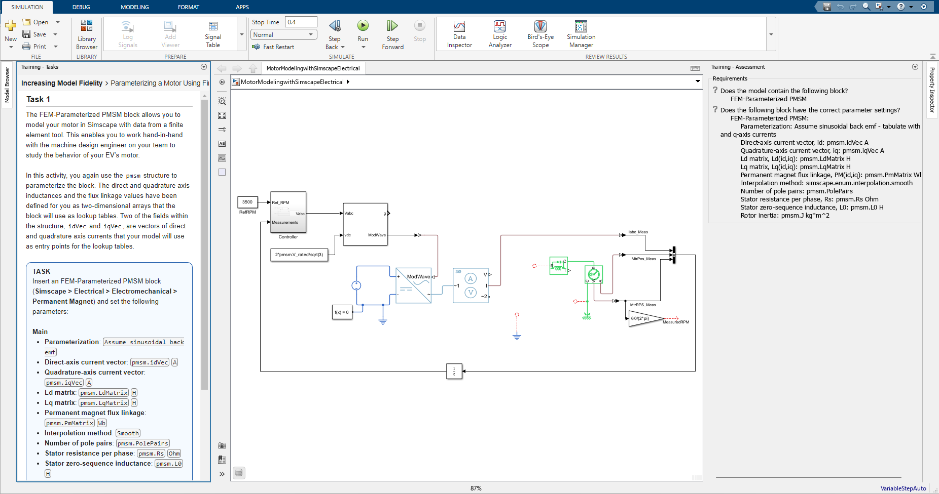 Motor Modeling with Simscape Electrical describes the task, displays an interactive model, and assesses whether the model matches the requirements set by the training.