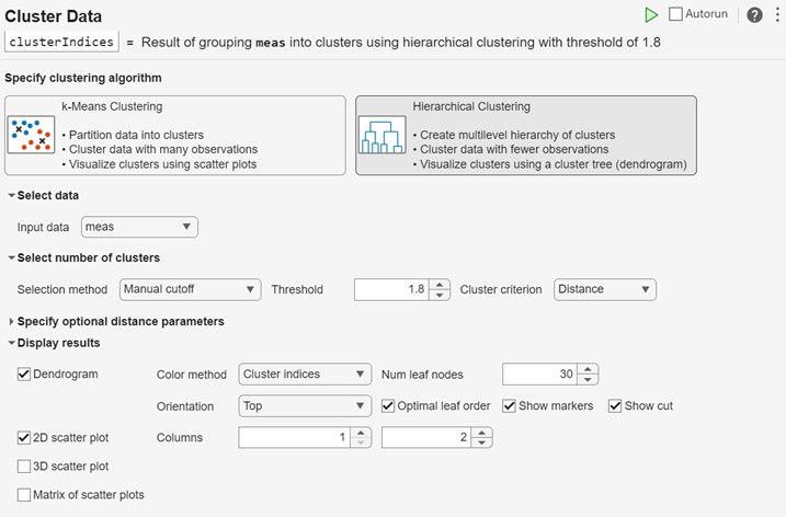 Cluster Data task showing the selected parameters