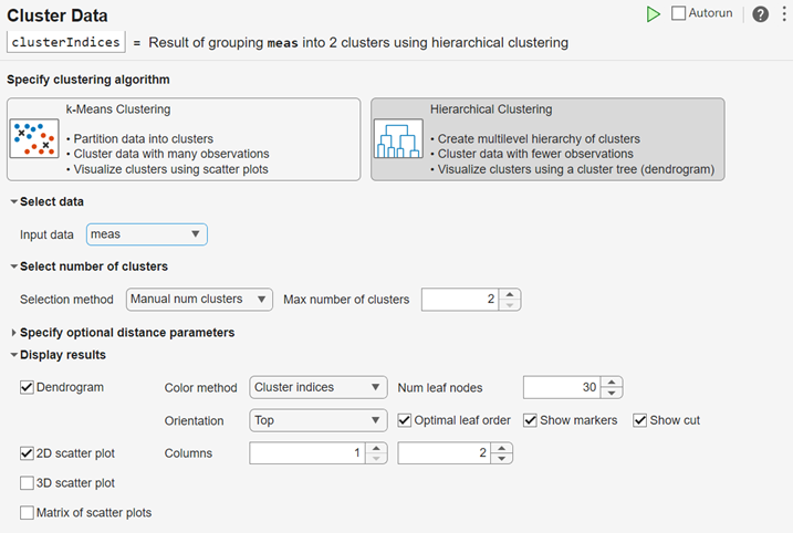 Cluster Data task showing the selected parameters