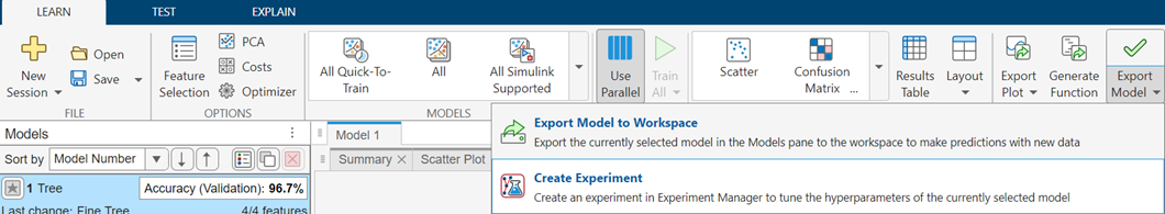 Export Model toolstrip options in the Classification Learner app. The Create Experiment option is highlighted.