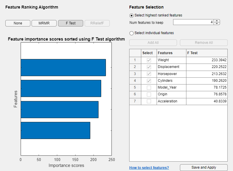 Default Feature Selection tab with F Test as the selected feature ranking algorithm