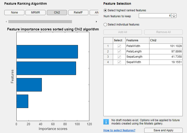 Default Feature Selection tab with Chi2 as the selected feature ranking algorithm