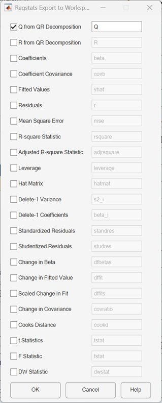 Regstats Export to Workspace dialog box displaying a list of diagnostic statistics to select.