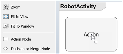 A cursor shows an action node that was dragged from the left side palette to the activity diagram canvas.