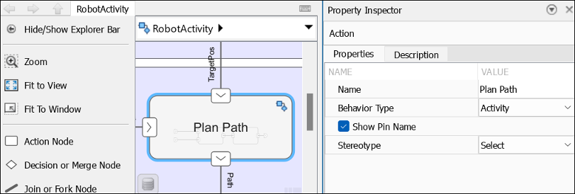 The RobotActivity activity diagram with the Plan Path action node with Behavior Type Activity to implement a nested activity.