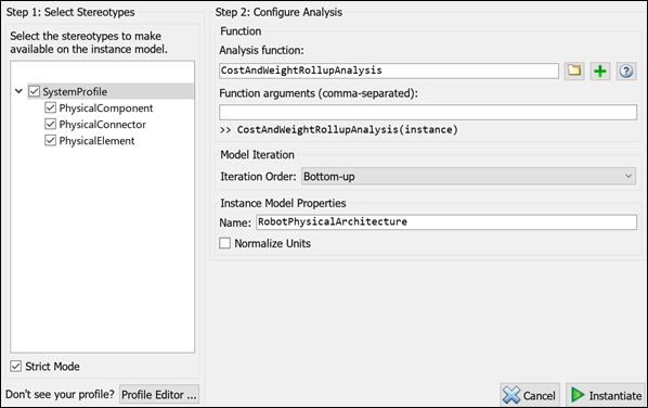 Instantiate Architecture Model window with stereotypes listed on the left and configure analysis on the right with analysis function, iteration order bottom-up, and instance model name system with props. Options are to cancel or instantiate.