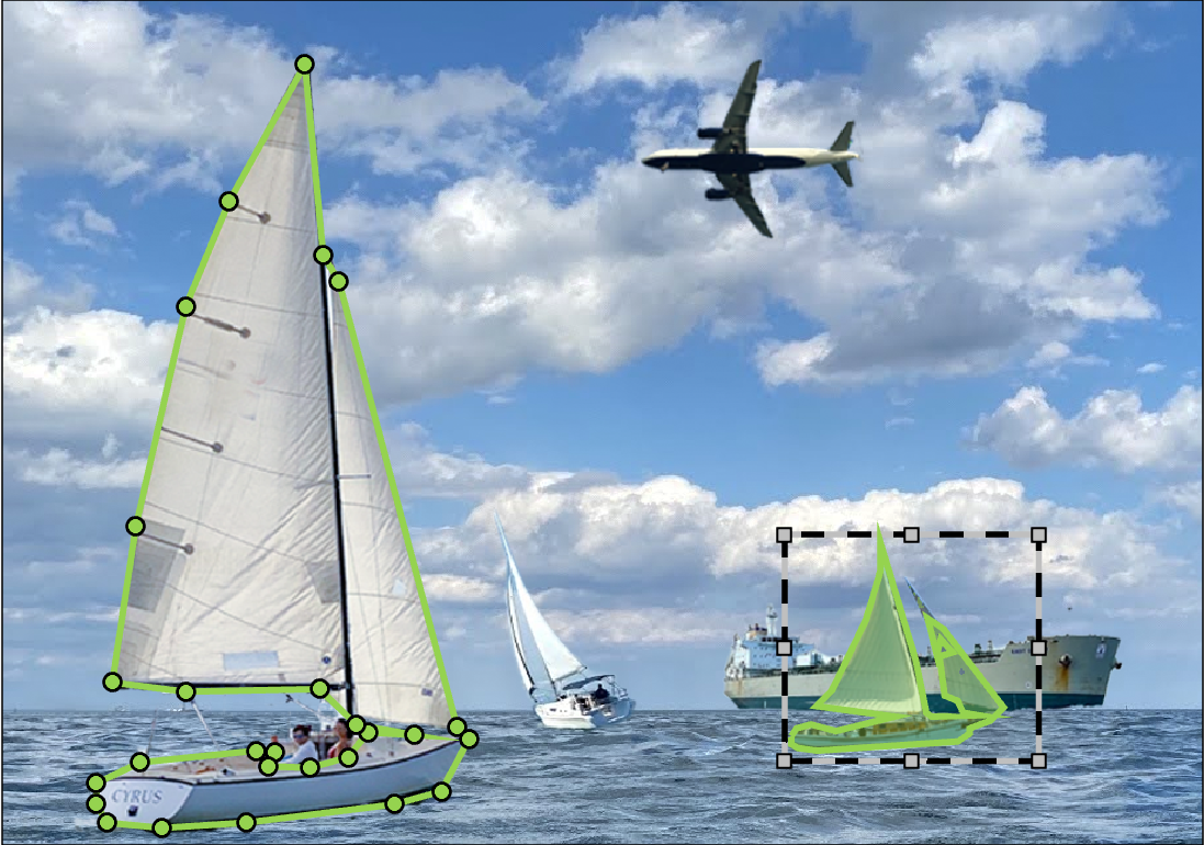 Sailboat polygon label created automatically using the Segment Anything tool in Image Labeler, by drawing an ROI boundary around the sailboat to label (boundary shaded).