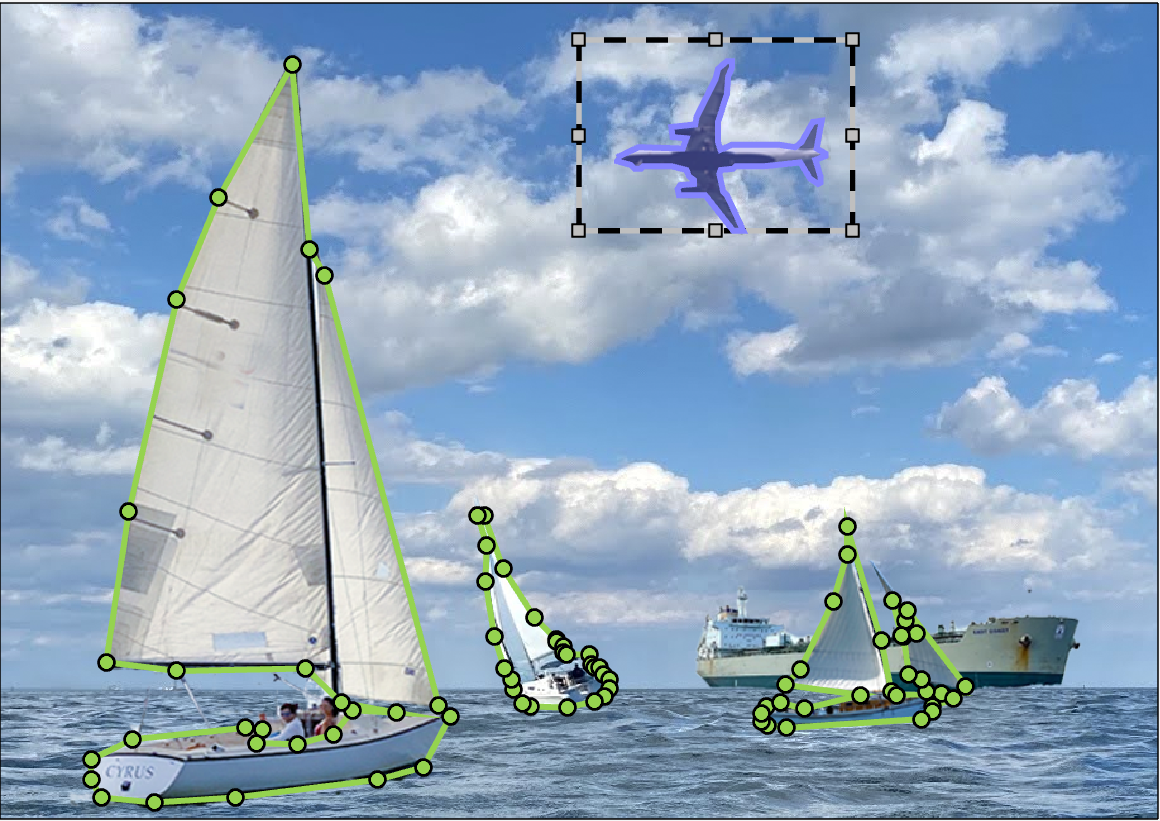 Airplane polygon label created automatically using the Segment Anything tool in Image Labeler, by drawing an ROI boundary around the airplane (boundary shaded)